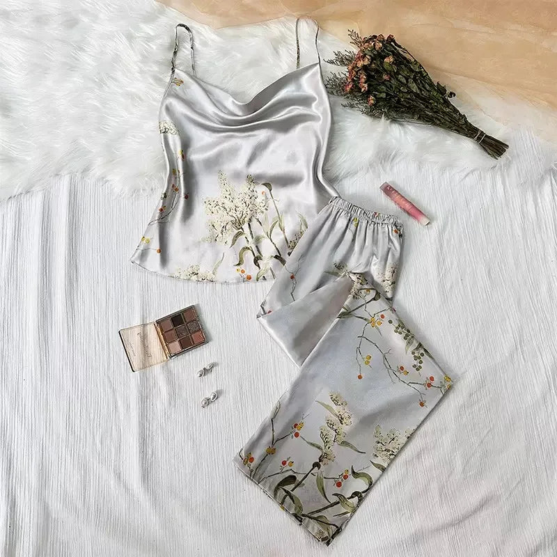 Sexy Simulated Silk Printed Camisole And Trousers Two-Piece Set Women's Home Wear Charming Floral Patterned Nightgown Outfit