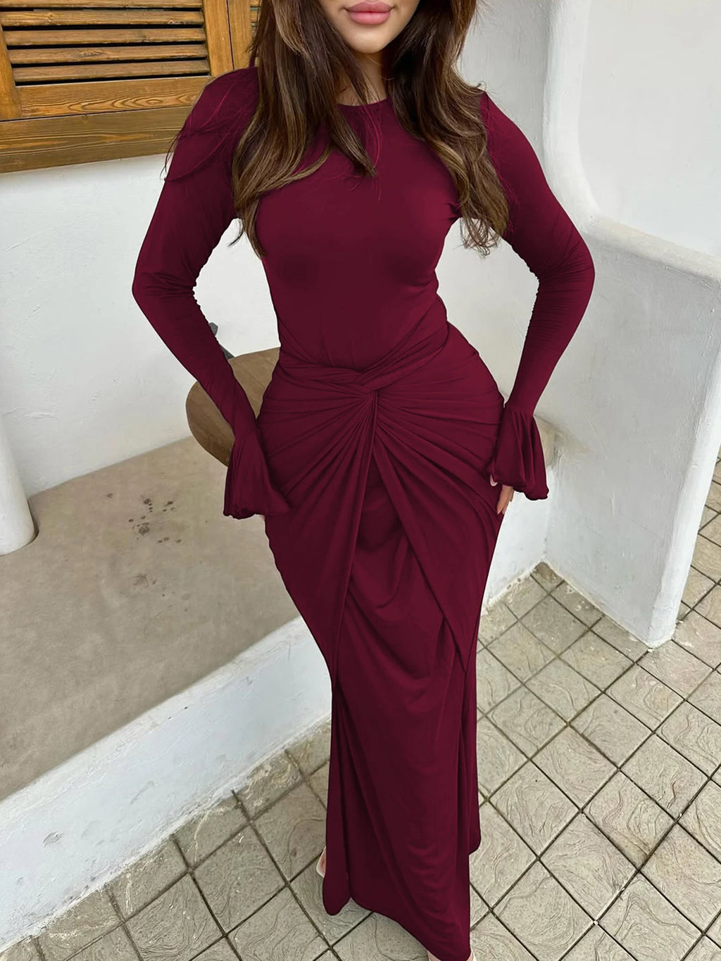Dulzura O-Neck Long Flare Sleeve Ruched Lace Up Slim Long Dress Women'S Fashion Elegant Clothes Party Club Street Autumn Outfit