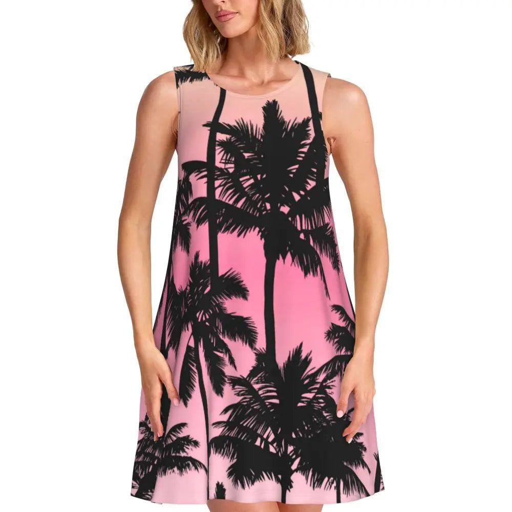 Beach Print Casual Dress Tropical Palm Tree Sleeveless Sexy Dresses Women Crew Neck Streetwear Dress Summer Graphic Clothing