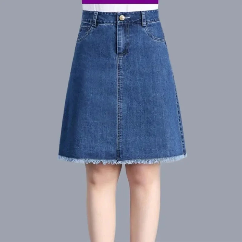 Large Size Denim Skirt For Women Spring Summer High-waisted A-line Jeans Skirt Ladies Korean Loose Tassels Mini Denim Skirts