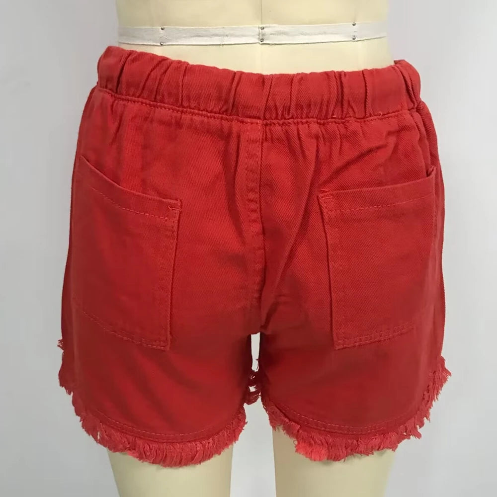 Women’s Denim Shorts Drawstring Elastic Waist Frayed Hem Short Pants Summer Casual Vintage Hottie Girls Loose Jeans with Pockets