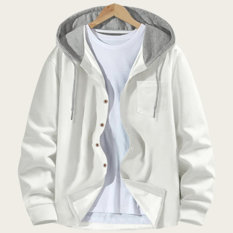 Korean Waffle Hooded Cardigans for Men Spring Autumn Contrast Color Single Breasted Hoodies Breathable Casual Lightweight Jacket