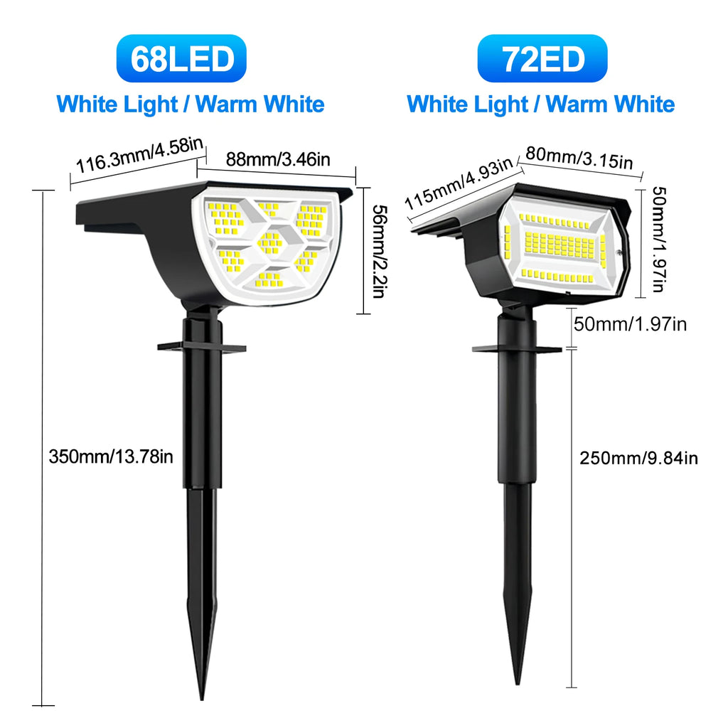 Outdoor 72/68 LED Solar Landscape Spotlights IP65 Waterproof Solar Light with 3 Modes Solar Garden Lighting for Outside Yard