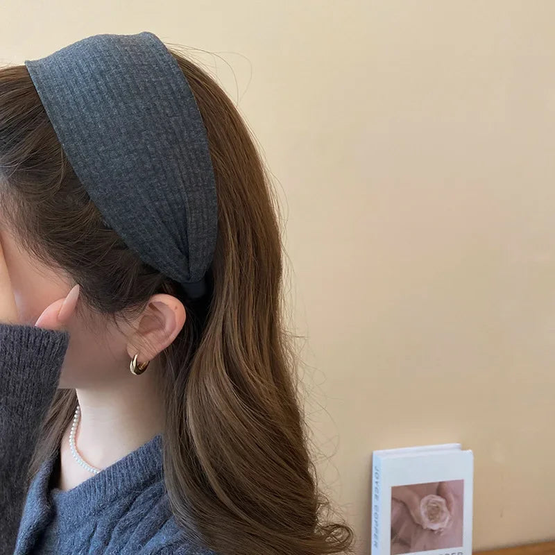Solid Color Wide Edge Striped Yarn Headband High Head French Gentle Hair Accessory Popular Internet Celebrity Style