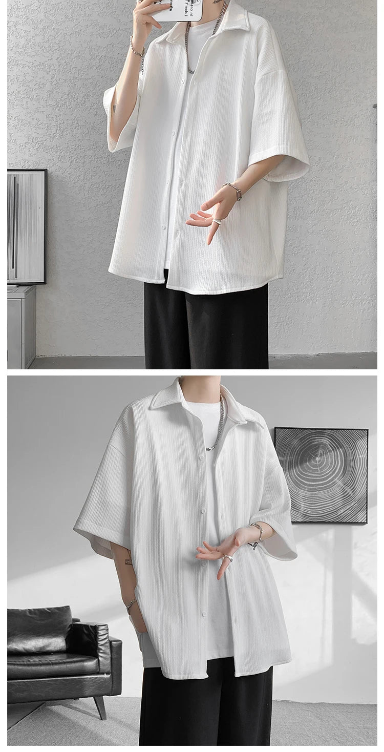 LEGIBLE Spring Summer Solid Shirts Men Casual Oversized Three Quarter Shirts Male Loose Fit Shirt for Man