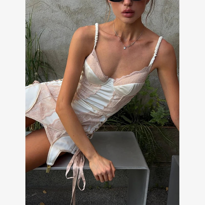 Women Satin Dress Sexy Lace Fishbone Waist Slim Fit Hollowed Out Irregular Short Suspender 2026 Summer Party Street Daily Outfit