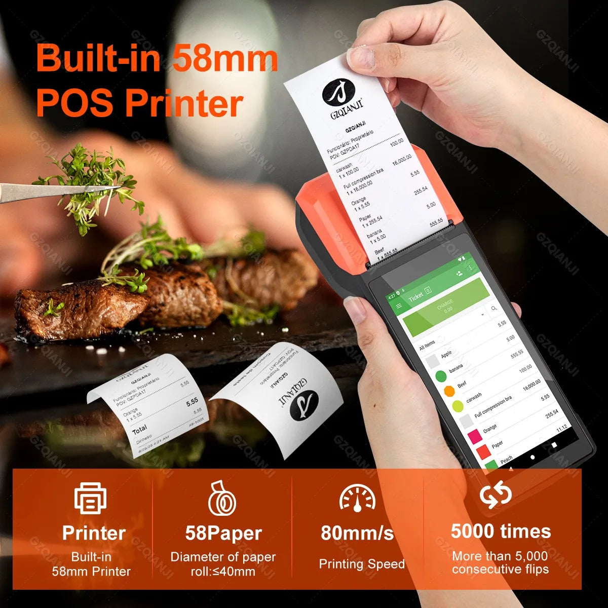 Android 13/14 Handheld Terminal POS 58mm Mobile Receipt Bill Thermal Printer 1D/2D Scanner 5.5''HD Support WiFi Bluetooth POS