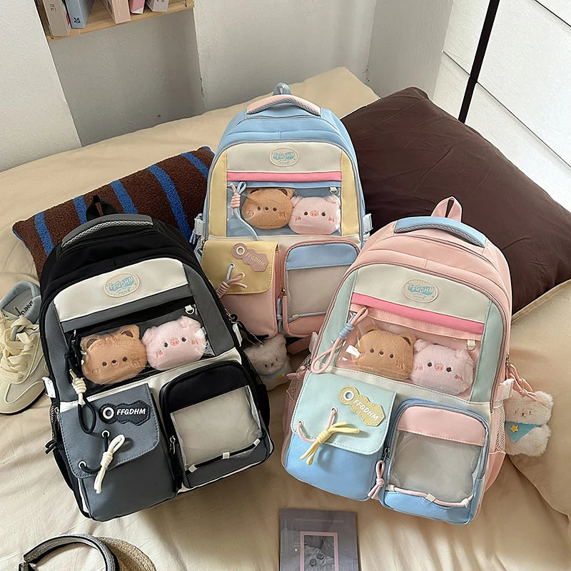 Women's Pastel Color Block Backpack Clear Display Pockets Plush Charm Bow Detail Adjustable Strap Casual Daily Itabag School Bag