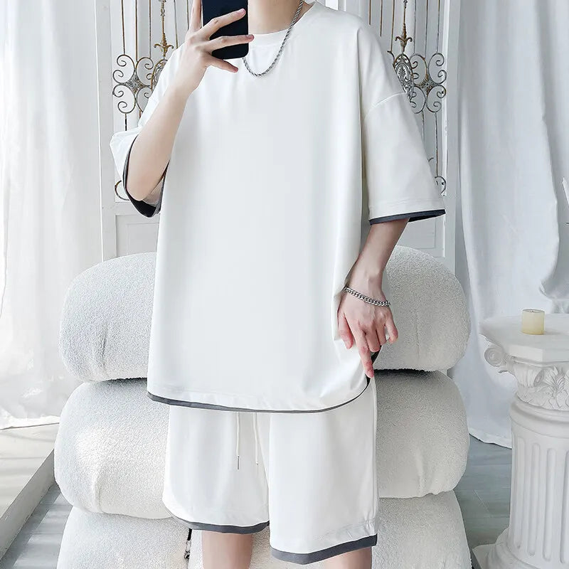 Men's Solid Color 2-Piece Outfit Short Sleeve T-Shirt & Drawstring Elastic Waist Shorts Set Casual Lounge & Streetwear Clothing