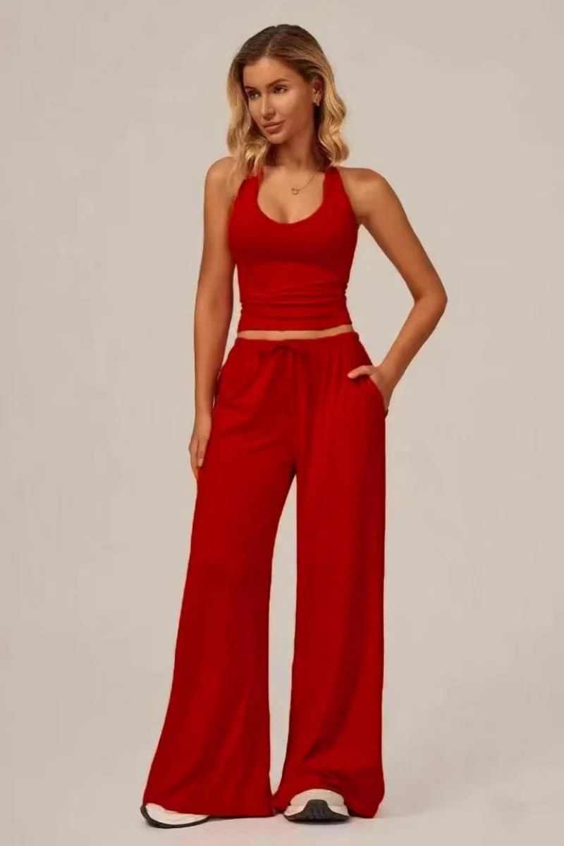 European and American fashion women's trousers set comfortable wide-leg trousers set loose casual pants women's sports fitness e