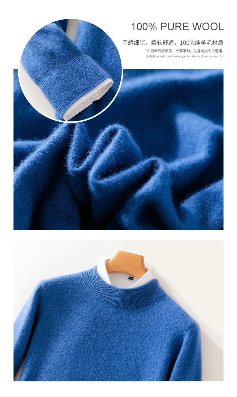 Autumn and Winter Half-high Neck 100% Pure Wool Men's Long Sleeve Leisure Sweater Knitwear
