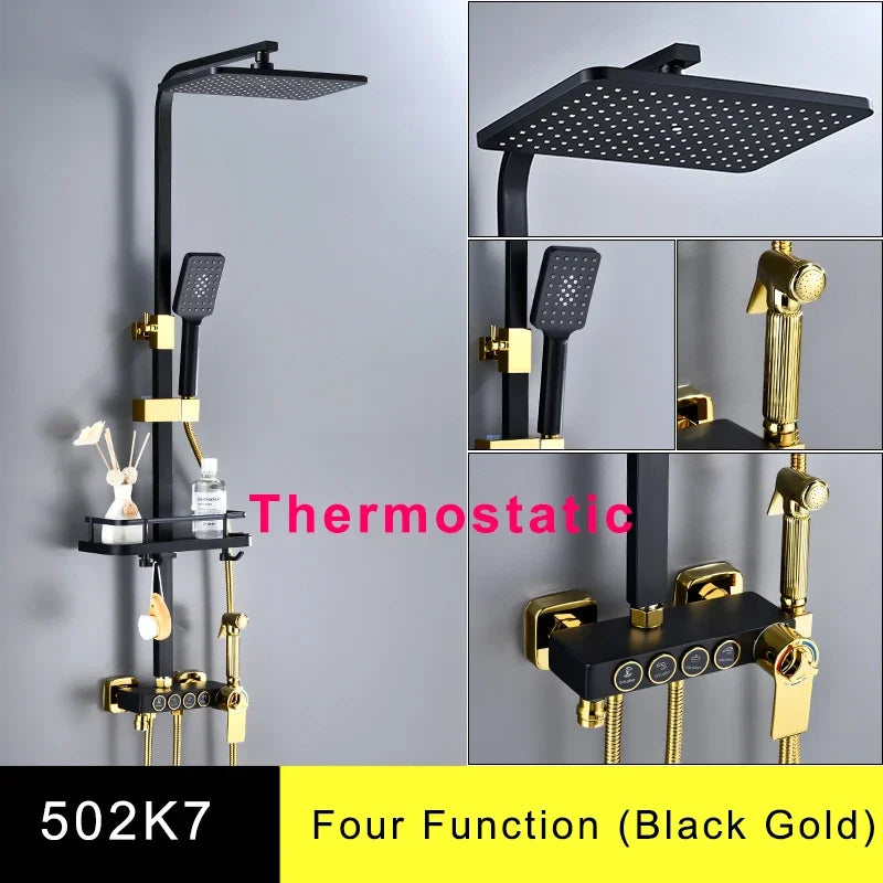 Hot Cold Bathroom Shower Set 12 Inch Rain Shower Head Quality Brass Bathroom Mixer Faucet Black Gold Thermostatic Shower System