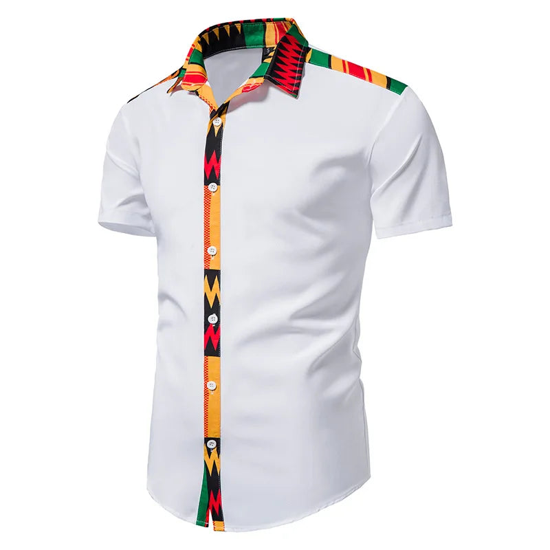 African Ankara Kente Print Shirt Short Sleeves Summer Men's Fashion Patchwork Button Up Traditional Dashiki Casual Tops