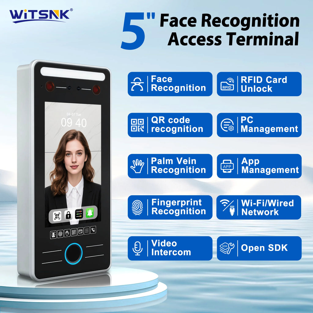 5 Inch 3D Face Recognition Access Control Biometric Fingerprint Palm Vein QR Code RFID Time Attendance Machine WiFi TCP IP