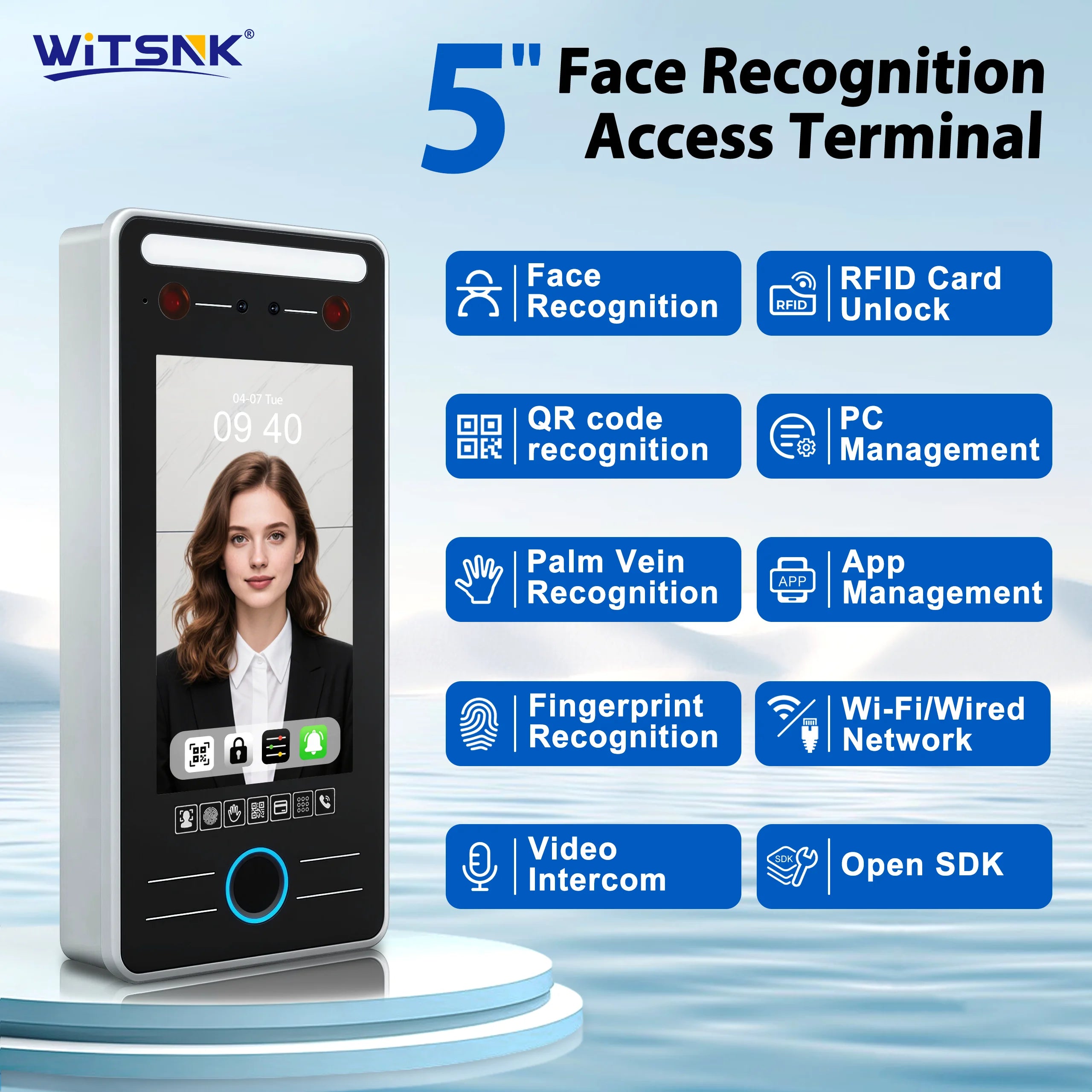 5 Inch 3D Face Recognition Access Control Biometric Fingerprint Palm Vein QR Code RFID Time Attendance Machine WiFi TCP IP