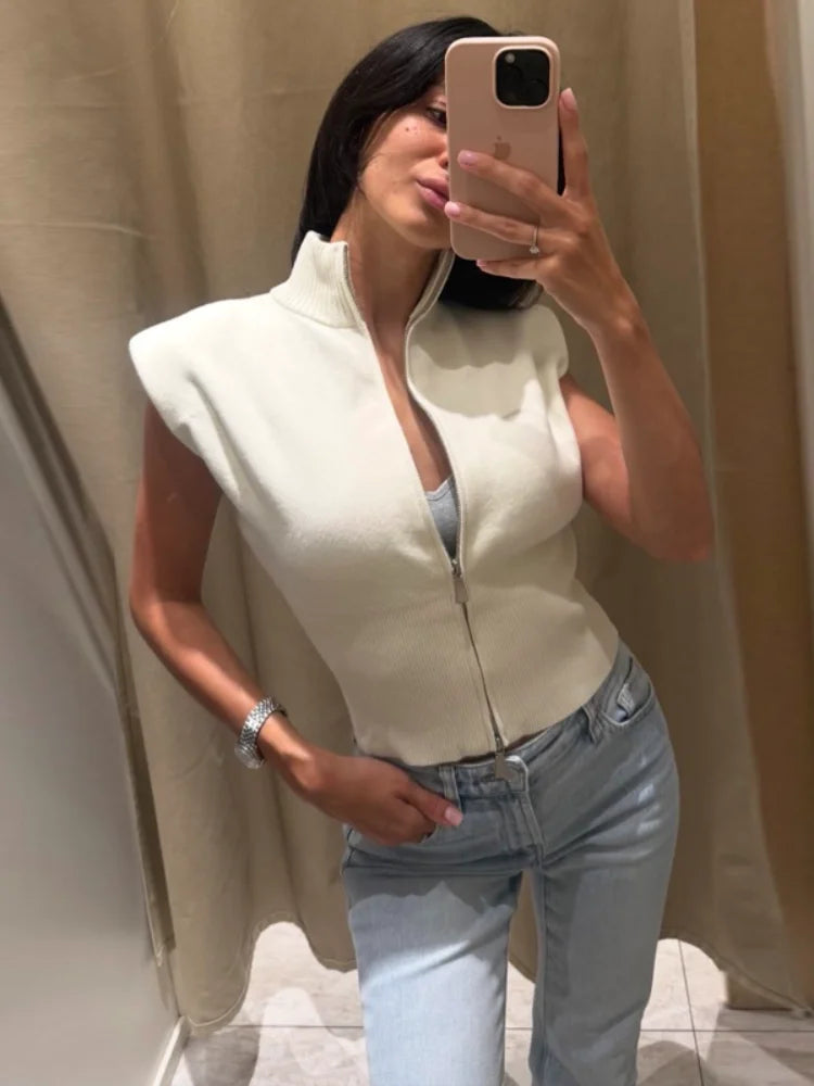 Sleeveless Padded Shoulder Women's Knitted Vest Half Turtleneck Double Zipper Cropped Slim Solid Knit Cardigan Street New Tops