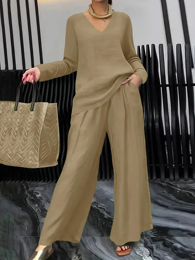 Summer New Pant Sets Fashionable V-neck Top+ Long Pants 2 Piece Set 2026 Women's Casual Loose Outfit Two Pieces Set Female Suit