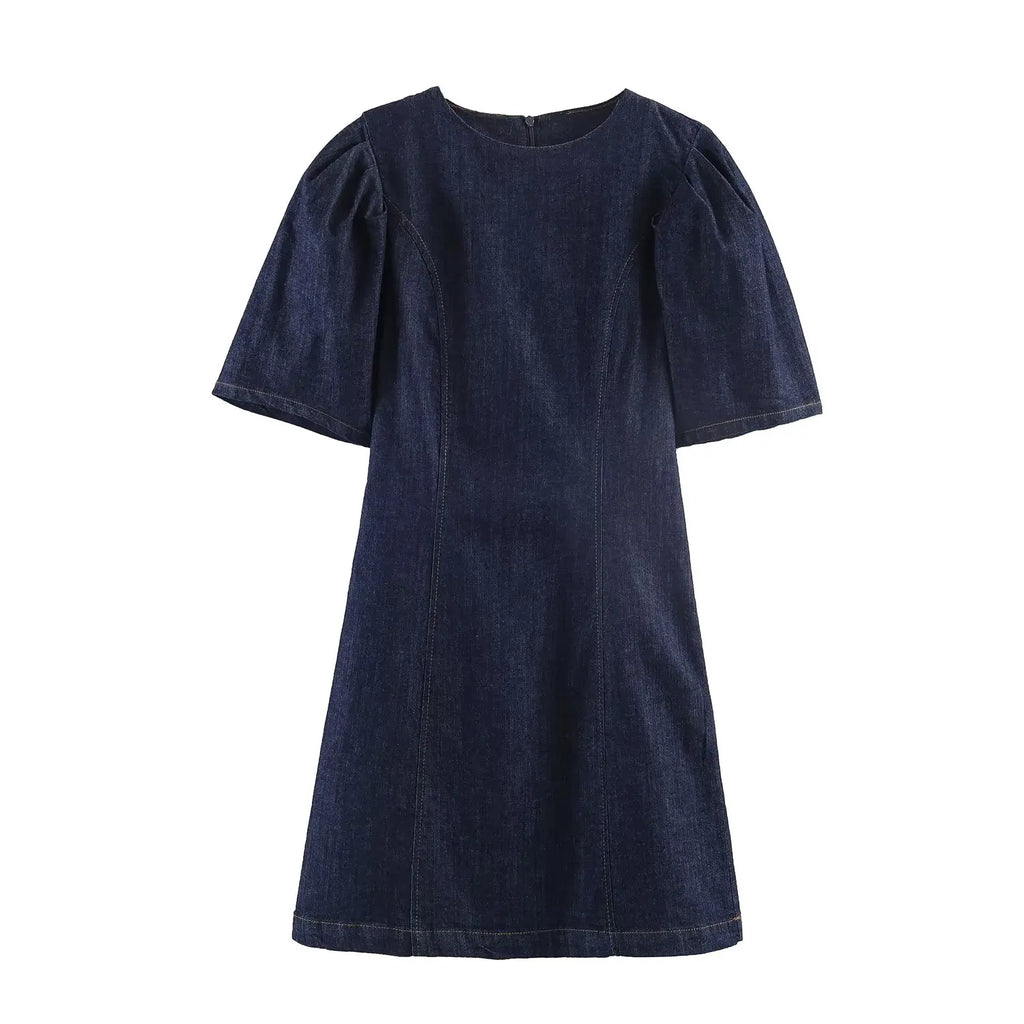 HH Summer Women Fashion O-Neck Bubble Sleeve Denim Dress Back Zipper Sexy Solid Dress Woman Holiday Party Mini 2026 Dress
