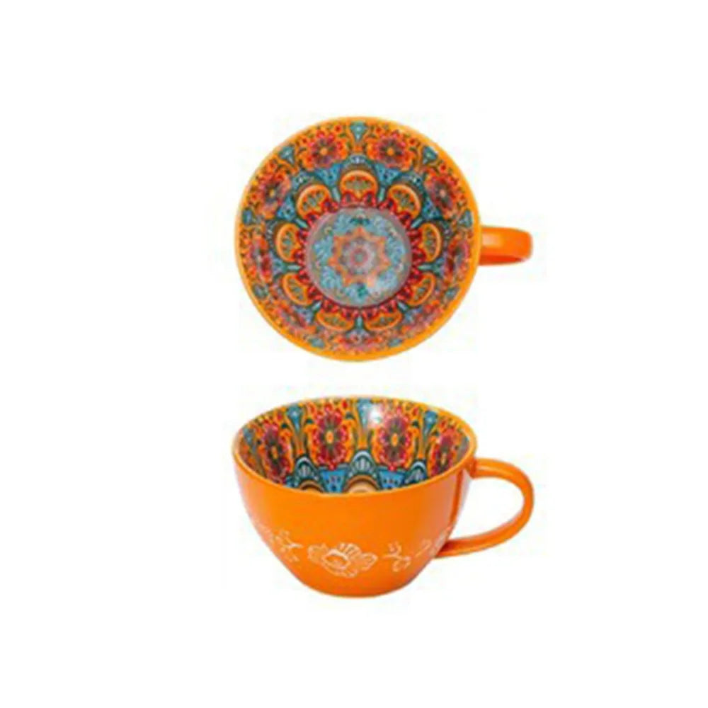 Creative Ceramic Bohemian Breakfast Cup Retro Flower Pattern Coffee Mug Microwaveable Large Capacity Milk Cup Friend Gift