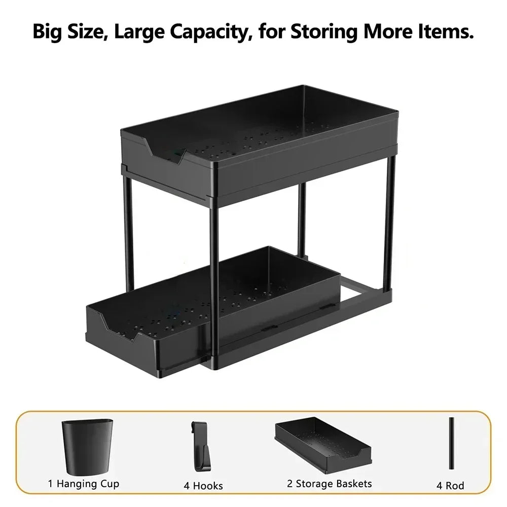 2-Tier Under Sink Organizers and Storage, Sliding L-shape Under Bathroom Kitchen Cabinet Organizers Narrow Space Sink Organizer