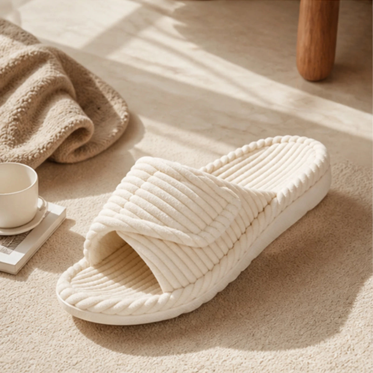 Smile Popcorn Adjustable Corduroy Slippers Women Open Toe Soft Plush Non‑Slip Indoor Bedroom House Slides