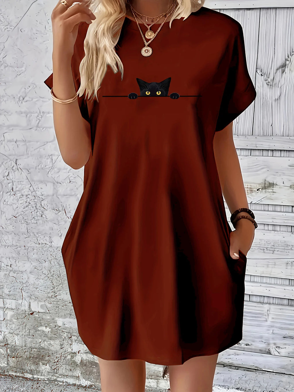 Women's Summer Loose Large Personalized Cat Pattern Printed Round Neck Short Sleeve Pocket Comfortable Casual Dress