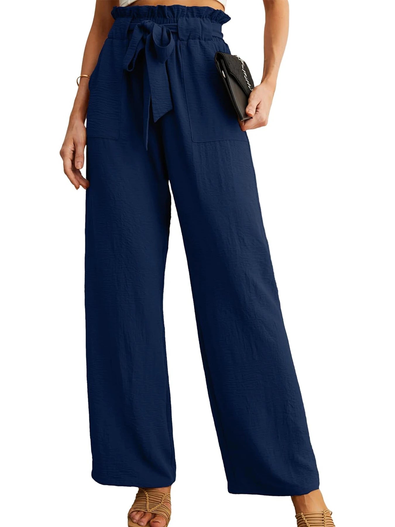 Women's High Waist Wide Leg Casual Pants with Pockets Adjustable Drawstring Loose Slimming Comfortable for Vacation