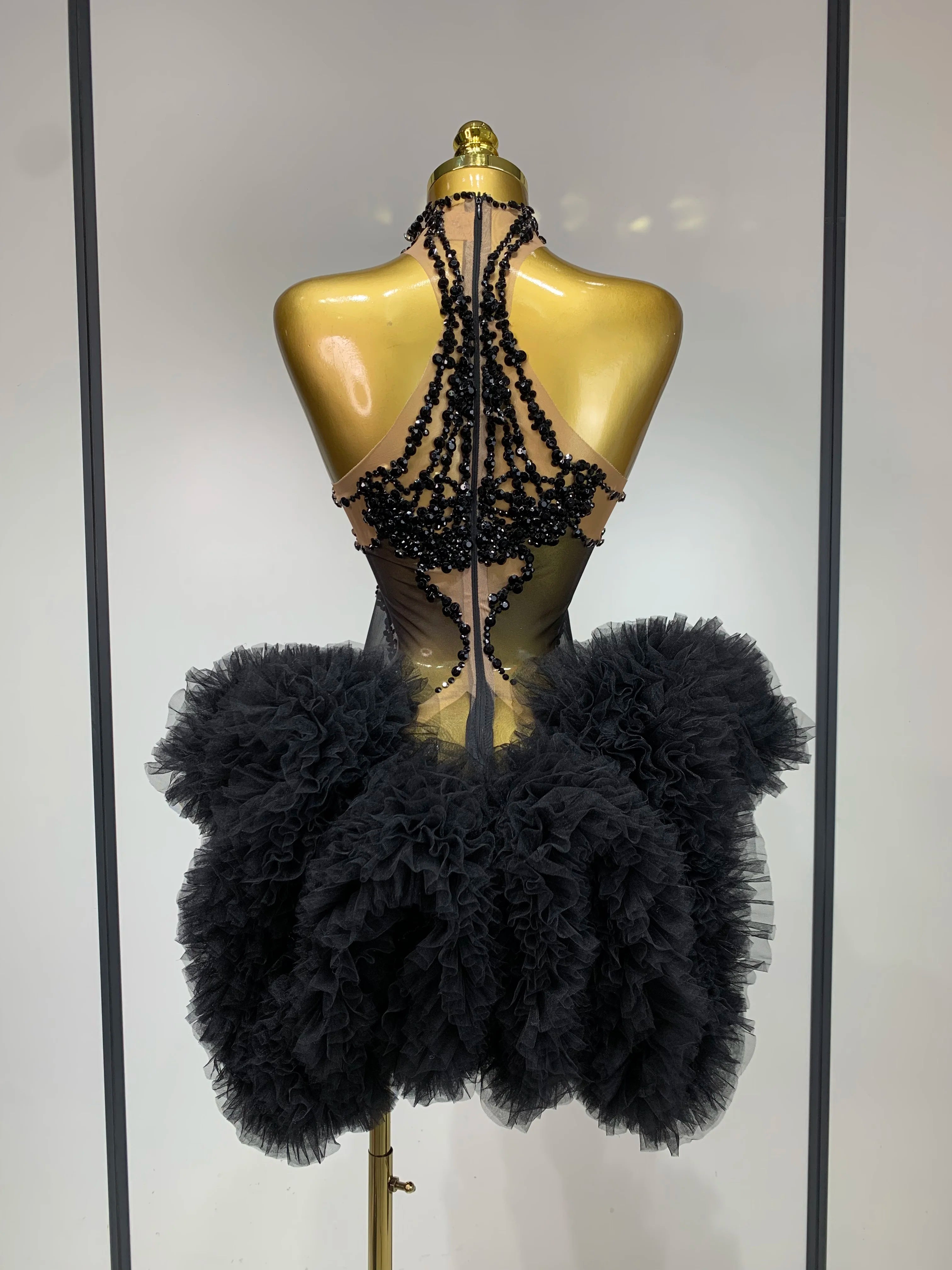 Luxury Women Sexy Sparkly Rhinestone Sleeveless Mesh See Through Bodycon Mini Birthday Dress Evening Party Performance Costume