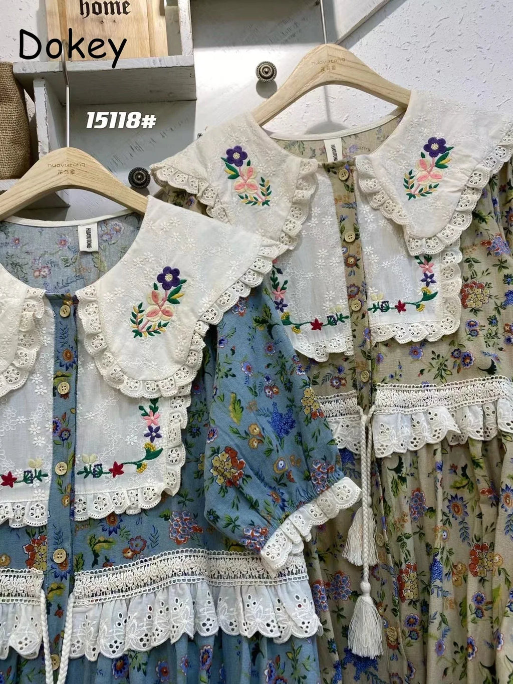 Vintage Embroidery Art Print Kawaii Dress Women Japanese Mori Girl Peter Pan Collar Patchwork Cotton Linen Dress Loose Vestidos