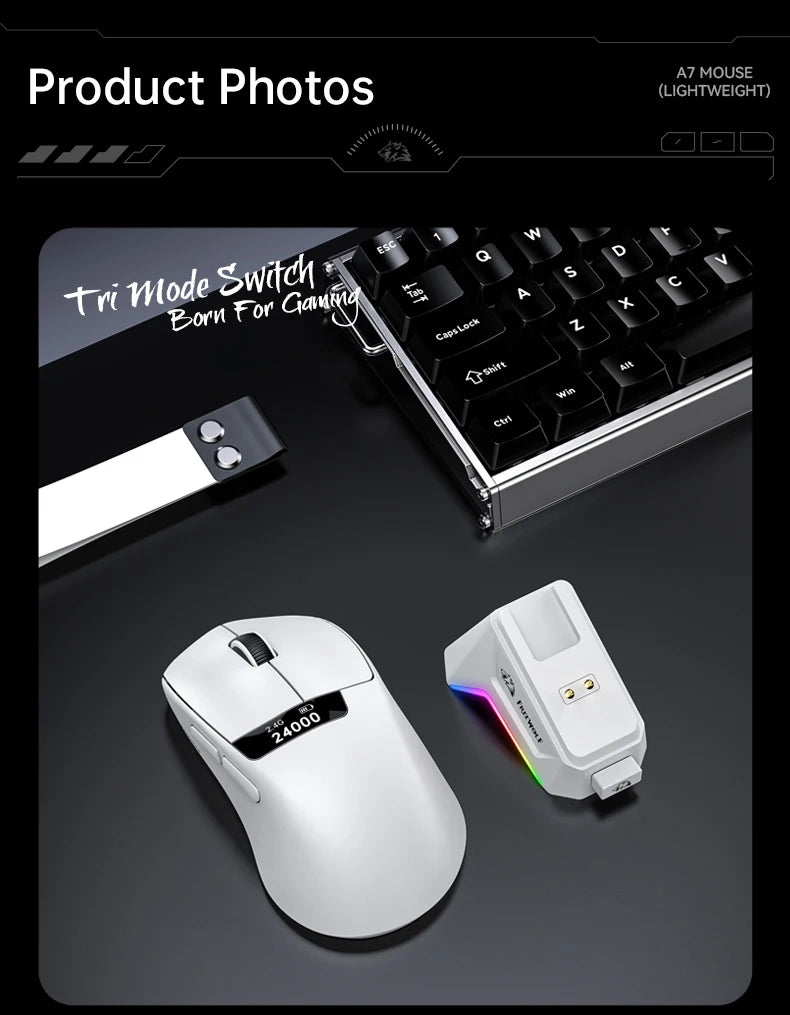 A7 Lightweight Wireless Gaming Mouse,24000DPI,Magnetic Charging Base,Tri-Mode Connection,PAW3311 Macro Esports Office Mouse