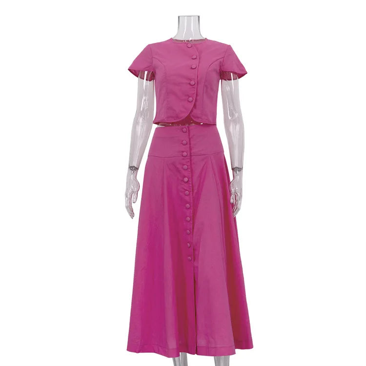 Two Pieces Women Dress Sets Solid Matching Sets Button Short Sleeves Top Empire Waist Ankle Length Skirt Loose Fit 2026 Summer