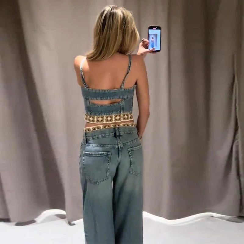 Crochet Splicing Cropped Top Jeans Set 2026 Summer New Ladies Sexy Backless Tank Top Straight Leg Denim Pants Women's Outfits