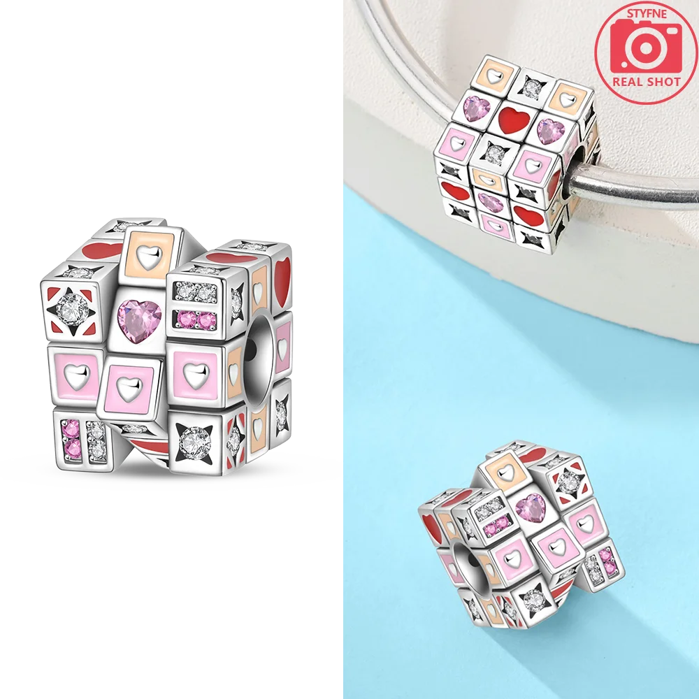 925 Sterling Silver Pink Zircon Love Beads Charms Fit Bracelet Women Jewelry Diy Anniversary Gift Delicate Accessories Bag Charm