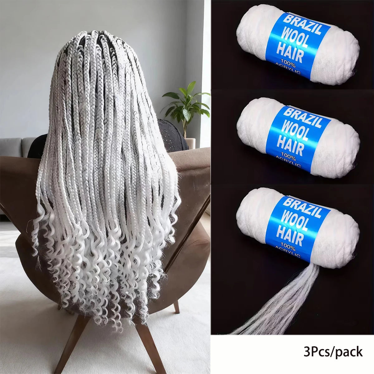 3 Pcs Brazilian Wool Acrylic Yarn for Braiding Synthetic Hair Extensions Crochet Box Senegalese Twist Jumbo Faux Locs for Women