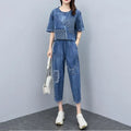 2026 Summer Women Embroidered Mosaic Lattice Denim Two-Piece Suit Fashion Sportswear Female Casual Loose 2 Piece Set Ladies