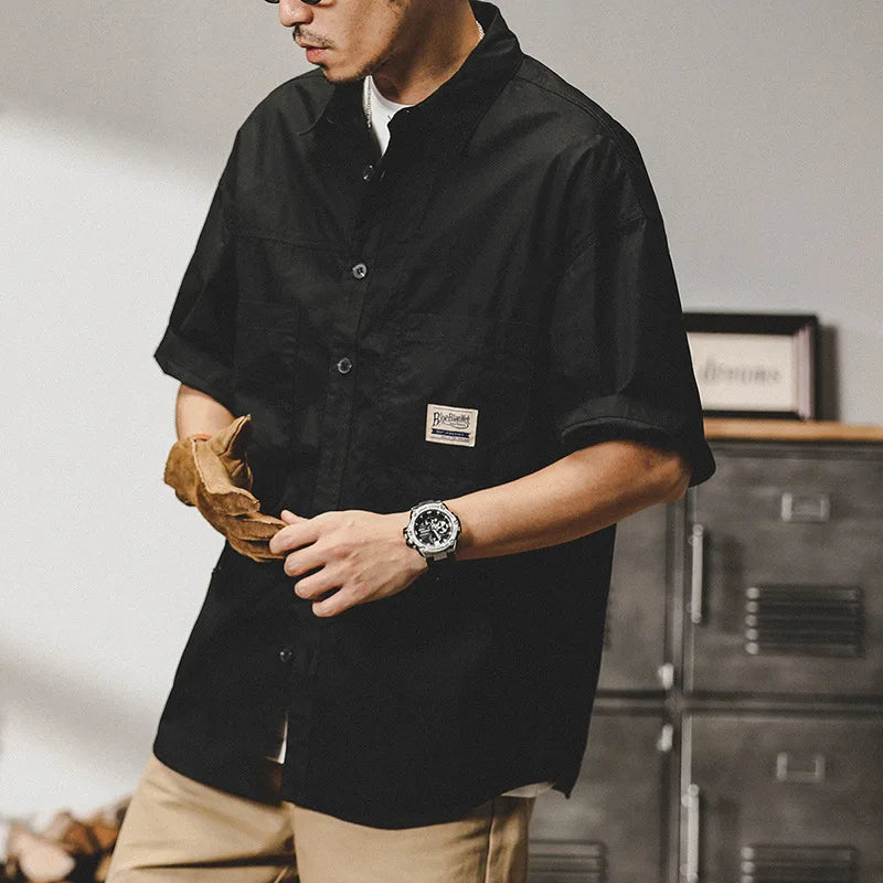 Men's Retro Short Sleeve Shirts Cotton Shirt Japanese Casual Loose Fit Thin Breathable Plus Size Shirts for Men Summer Workwear