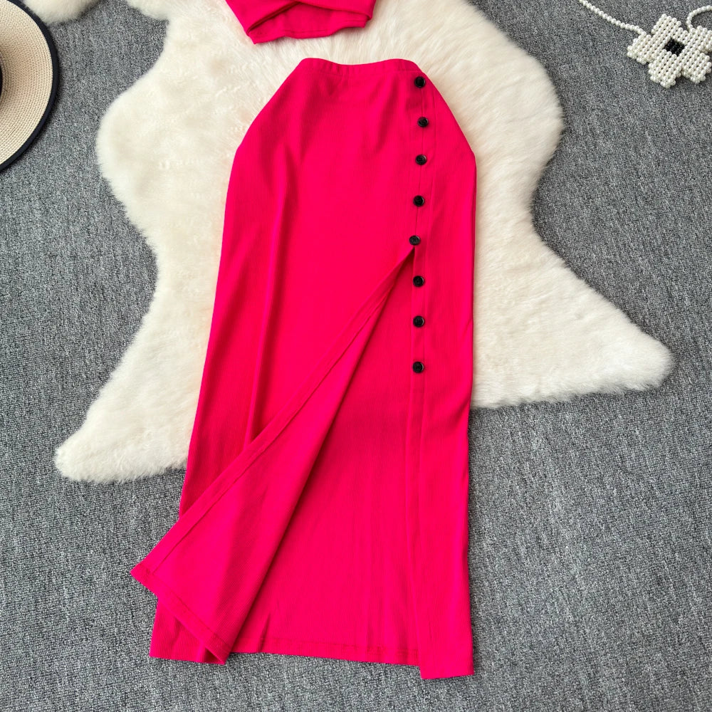 Sexy two Pieces Sets Chic Elegant  v neck slip camis with High Waist Hip Wrap Single Breasted split summer sweet Full Skir