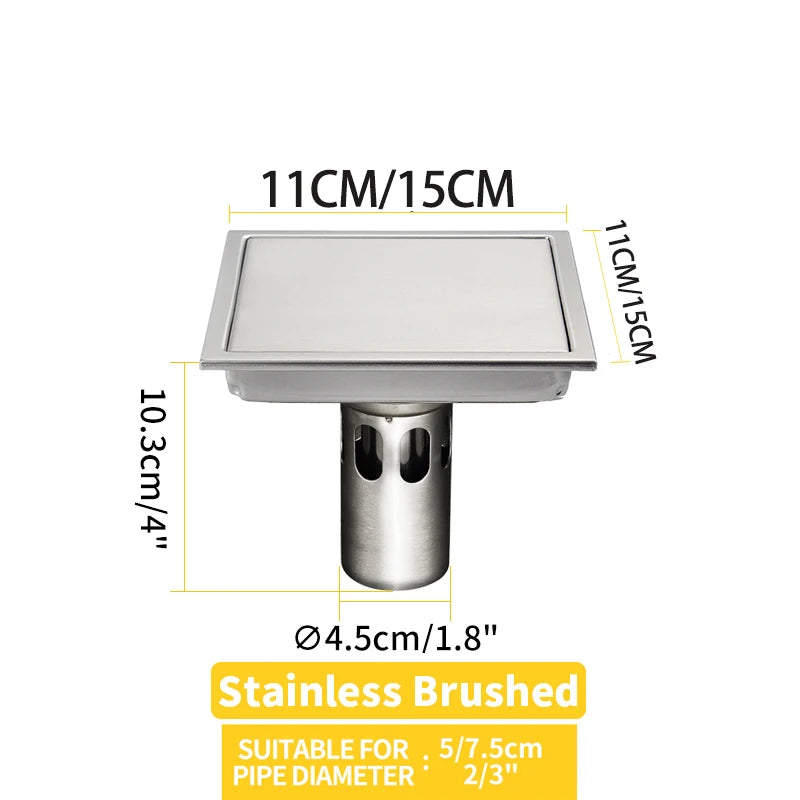 Square Shower Drain Tile Insert Anti Odor Stainless Steel Floor Drain Kit with Removable Grate Cover Hair Strainer Black Gold