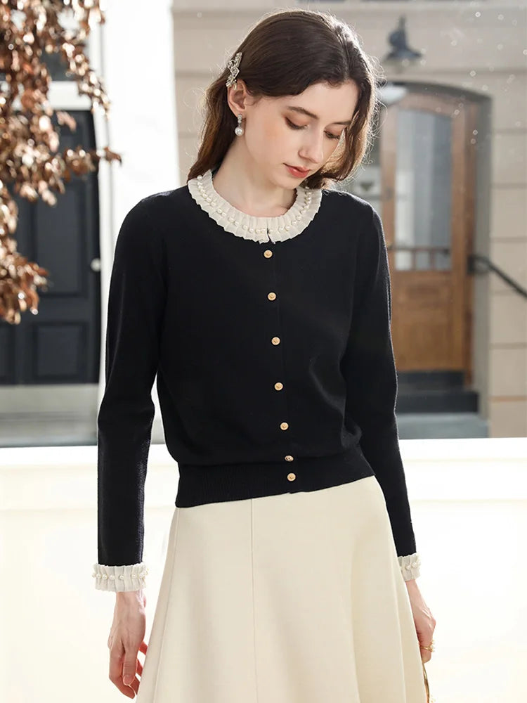 I BELIEVE YOU Women Black Cardigan 2025 Autumn French Beaded Sweater Commuting Round Neck Long-Sleeve Knit Cardigan 2254146099