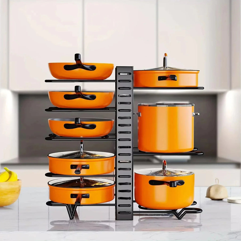 HTMCK Space-Saving 8-Tier Pot Rack Organizer - Durable Metal Holder for Pans, Pots, and Lids to Keep Your Kitchen Neat and Tidy