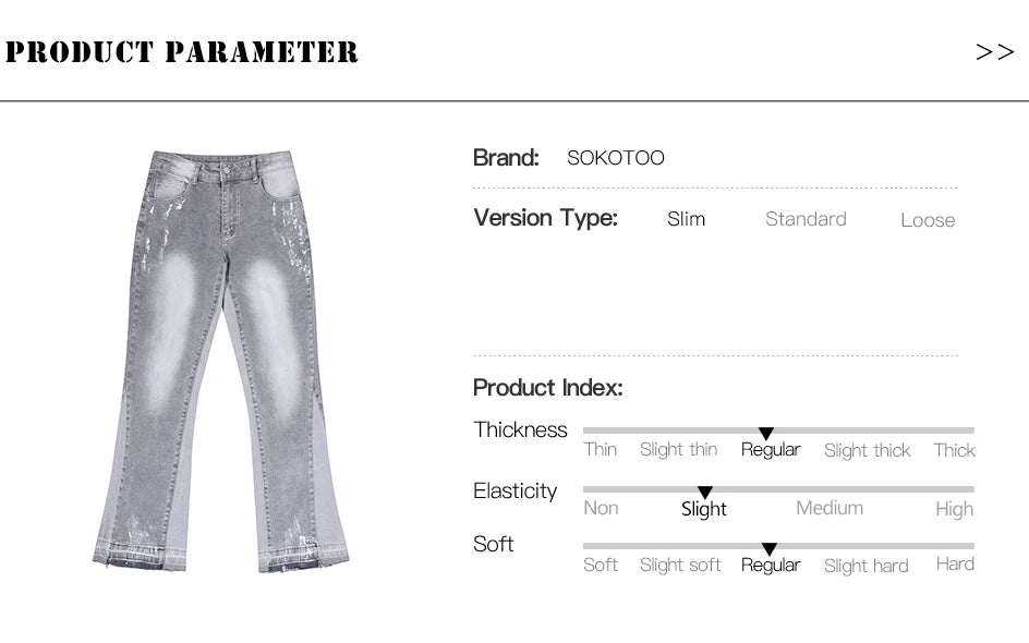 Men Painted Flared Denim Jeans Spliced Slim Boot Cut Pants Vintage Grey Cotton Released Hem Trousers