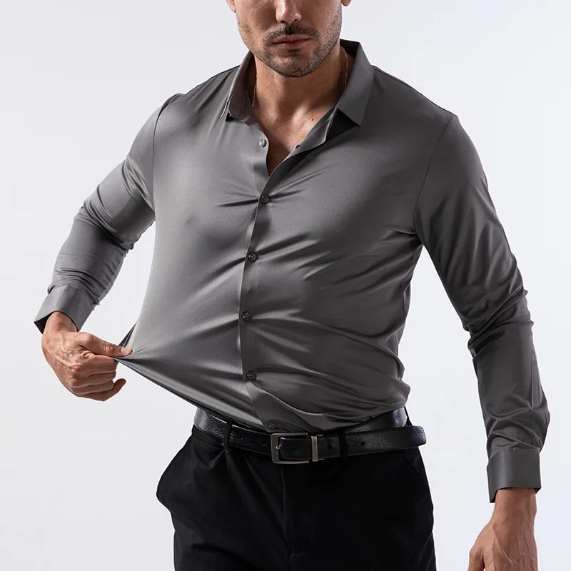 High Elastic Seamless Shirts Men Long Sleeve Muscle Sports Shirt European Size No Ironing Business Professional Workwear Causal