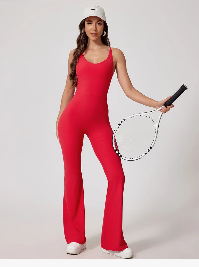 Women Thread Yoga Jumpsuit Sleeveless Gym Tracksuits Flared Overalls Workout Bodysuits Sportswear Female Sports One-Piece Outfit