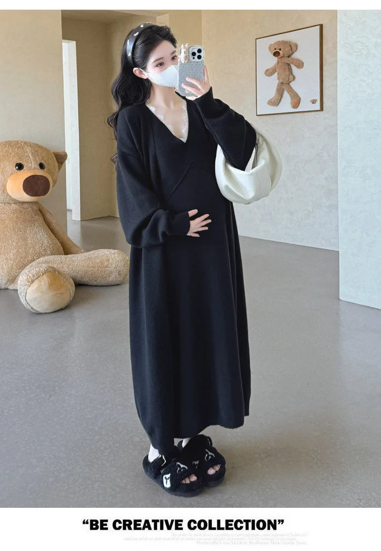 Maternity Suit  Autumn High-End Lazy Style Versatile Long Coat And Lace Paneled V Neck Straight Tank Dress Two Piece Set