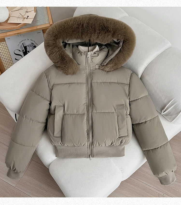 Women's Short Thickened Winter Cotton Jacket Quilted Coat Fur Collar American Retro Style Warm Casual Fashion Regular Fit