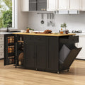 57" Rolling Kitchen Island With Power Outlet & Drop Leaf, Mobile Cart With Hidden Trash Cabinet & Towel Rack, Black, Customized