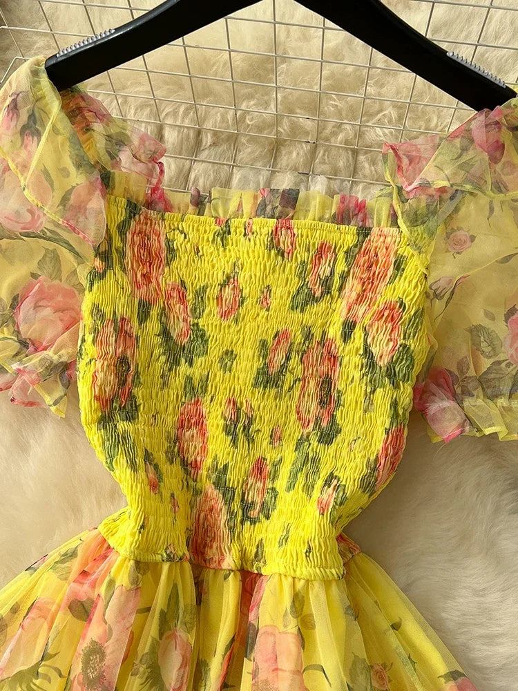 Summer Vintage French Mesh Dress for Women New Waist Cinched Slash Neck Bubble Sleeves Sweet Floral Chiffon Dress Female C146