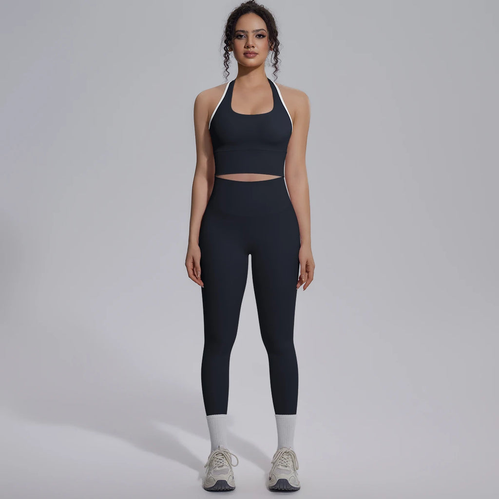 Rooftrellen New Women's Two-piece Set Fitness Sports Solid Color Yoga Set Summer Quick Drying Legging Pants Gather I-shaped Vest