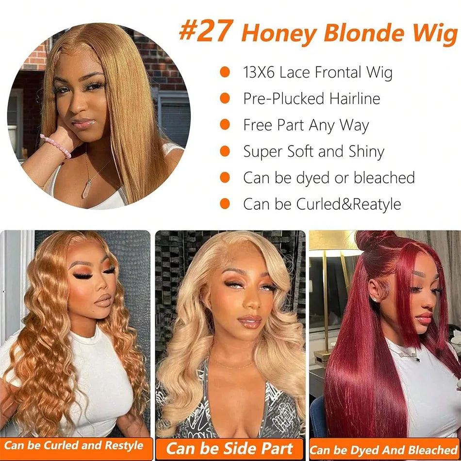200 Density 27 Honey Blonde HD Lace Frontal Human Hair Wig 13x4 HD Transparent 30 Inch Straight Hair Lace Front Wig Pre-Plucked Pre-Trimmed Lace Frontal Wig