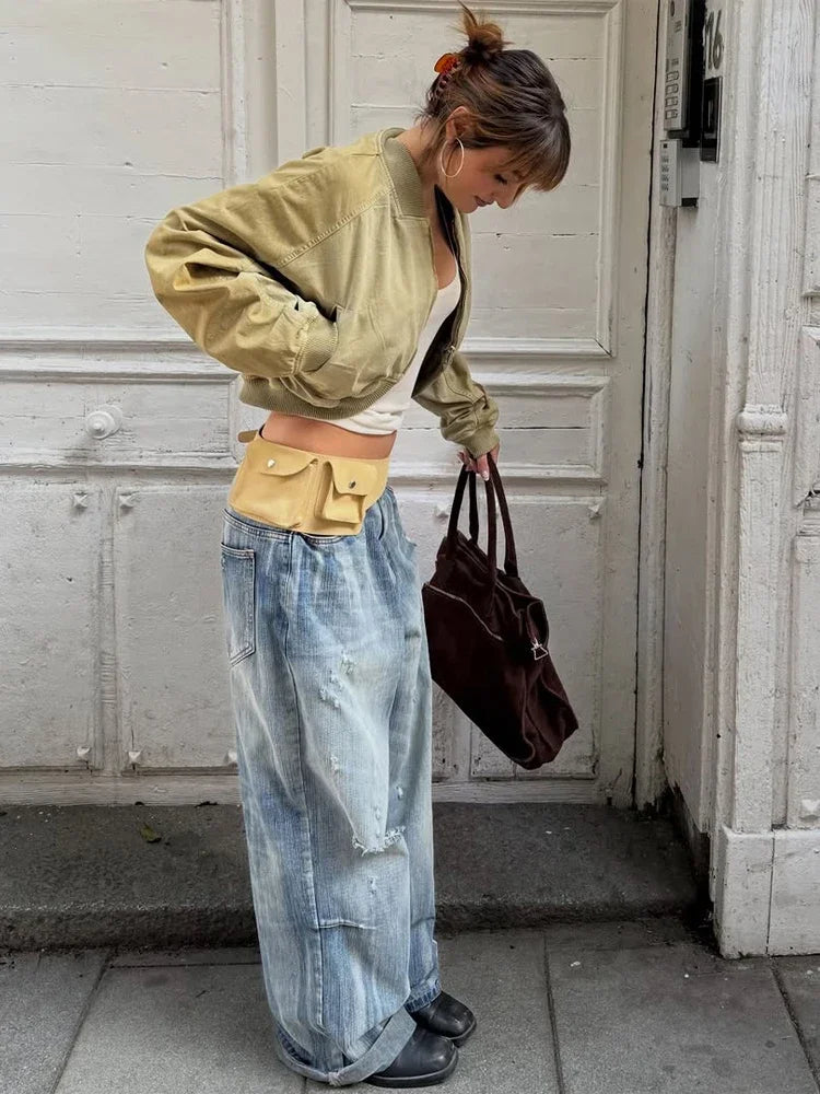 Chic Khaki Lapel Collar Zip Closure Jackets Pocket Detail Long Sleeve Cropped Bomber Streetwear Lady Casual Daily Y2k Outfit